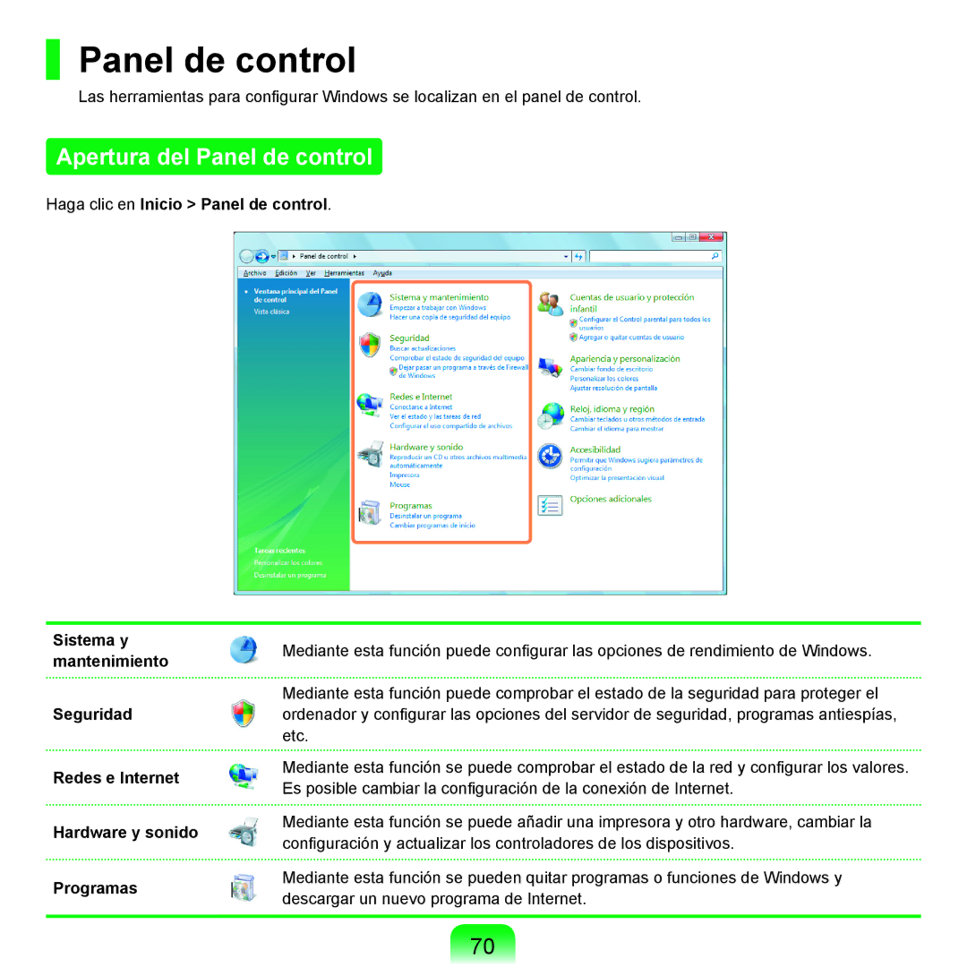 Samsung NP-X11AS01/SES, NP-X11AS00/SES, NP-X11AE00/SES manual Apertura del Panel de control 