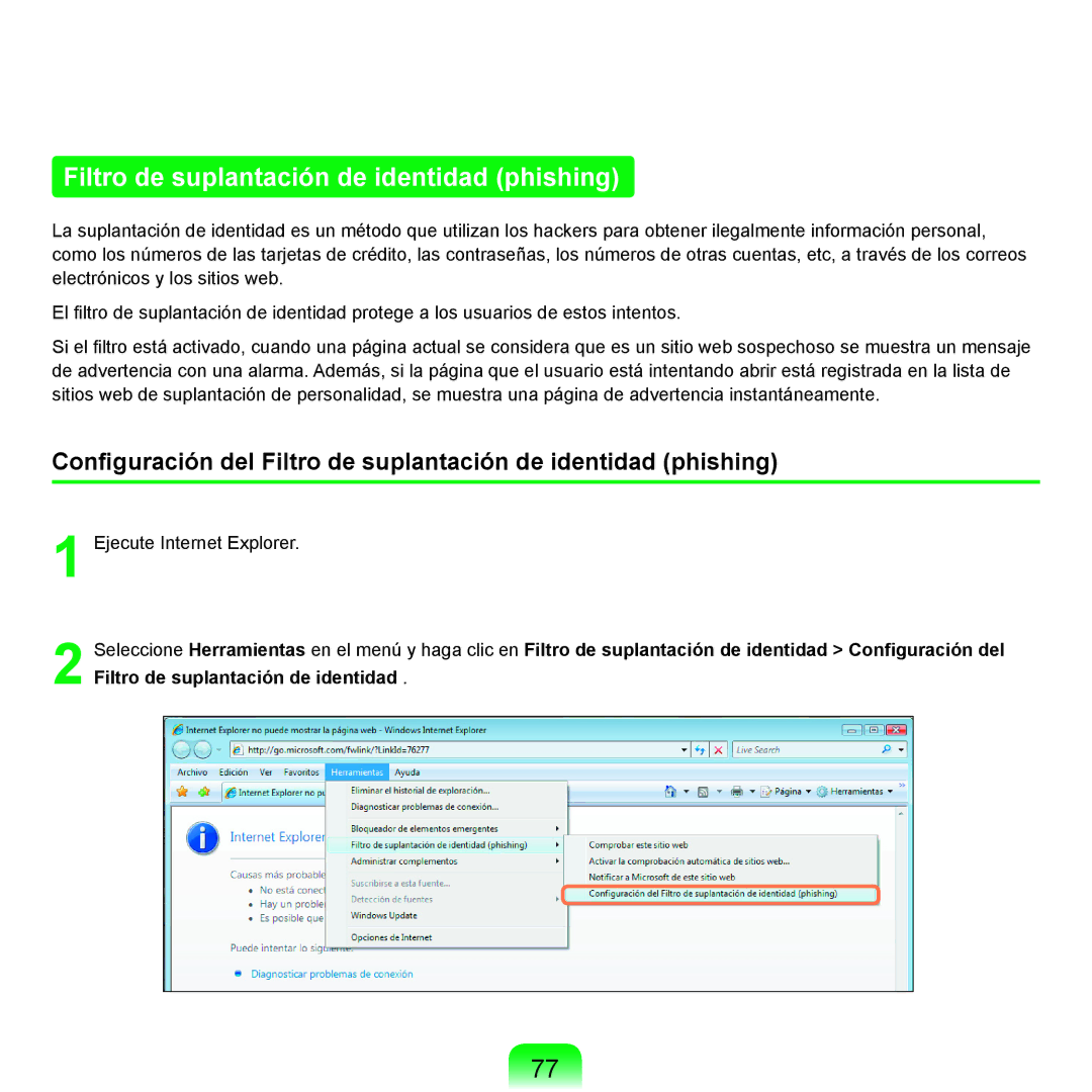 Samsung NP-X11AS00/SES, NP-X11AE00/SES, NP-X11AS01/SES manual Filtro de suplantación de identidad phishing 