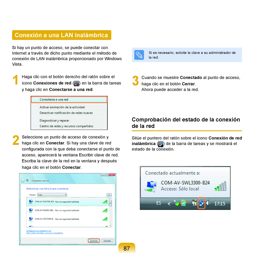 Samsung NP-X11AE00/SES, NP-X11AS00/SES Conexión a una LAN inalámbrica, Comprobación del estado de la conexión de la red 