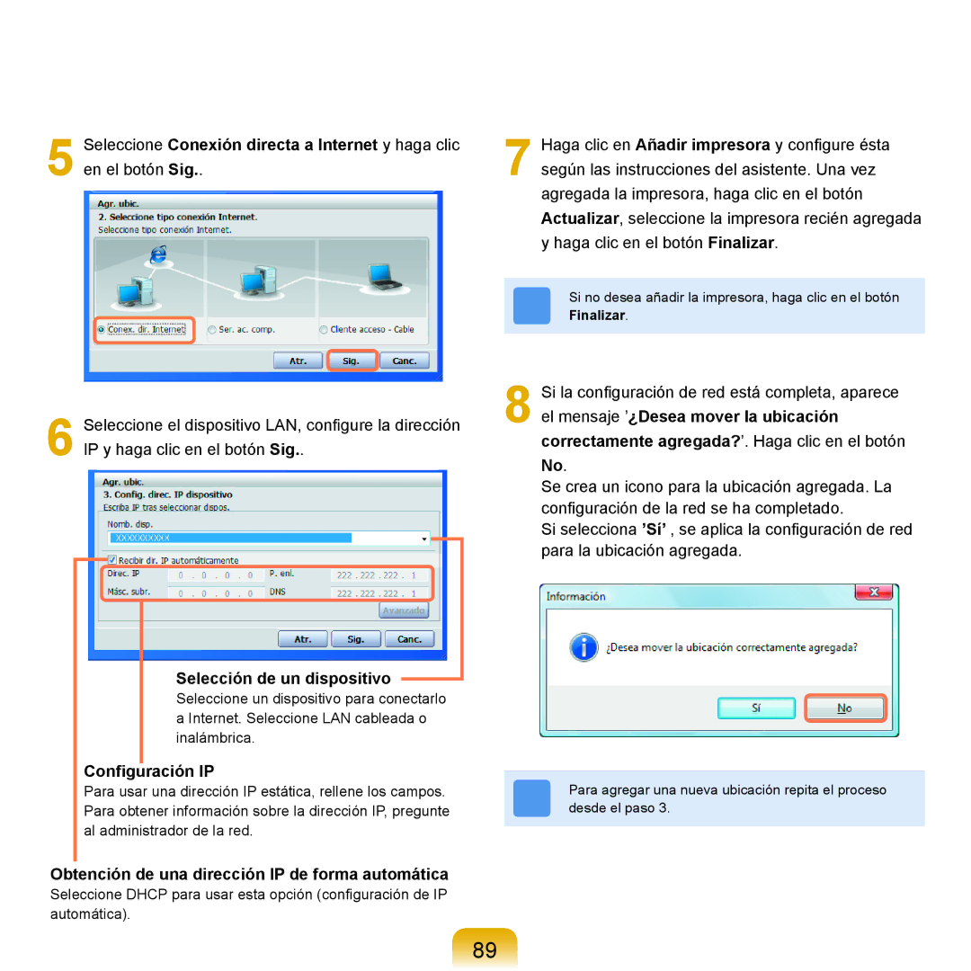 Samsung NP-X11AS00/SES Selección de un dispositivo, Conﬁguración IP, Obtención de una dirección IP de forma automática 