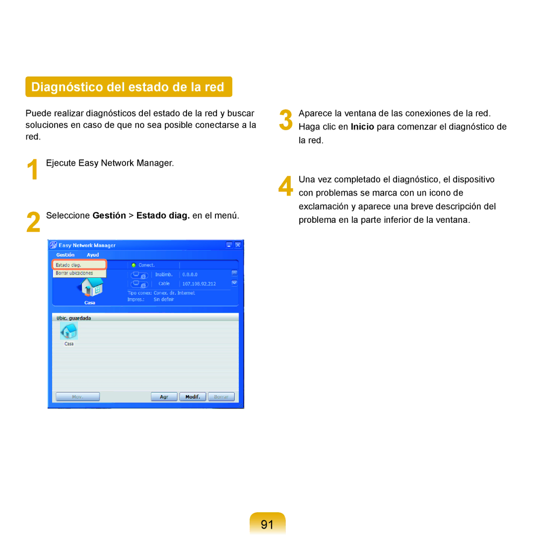 Samsung NP-X11AS01/SES, NP-X11AS00/SES, NP-X11AE00/SES manual Diagnóstico del estado de la red 