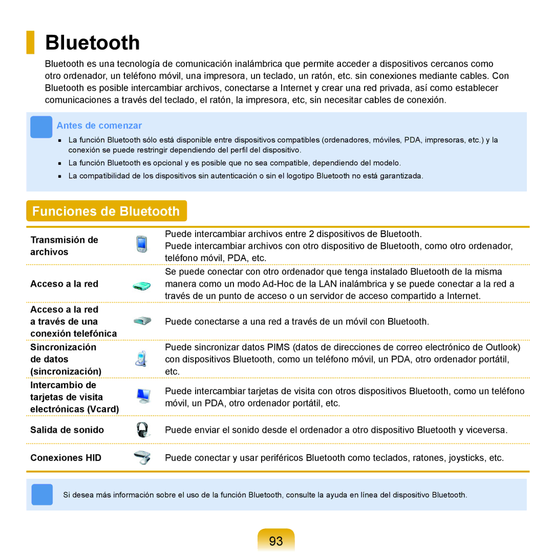 Samsung NP-X11AE00/SES, NP-X11AS00/SES, NP-X11AS01/SES manual Funciones de Bluetooth 