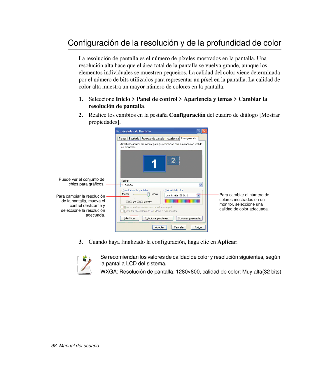 Samsung NP-X11T001/SES, NP-X11T002/SES, NP-X11T000/SES manual Configuración de la resolución y de la profundidad de color 