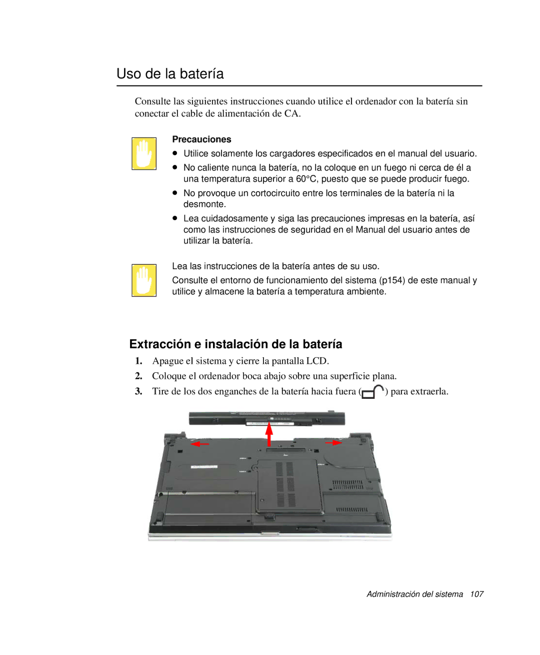 Samsung NP-X11TV02/SES, NP-X11T002/SES manual Uso de la batería, Extracción e instalación de la batería, Precauciones 