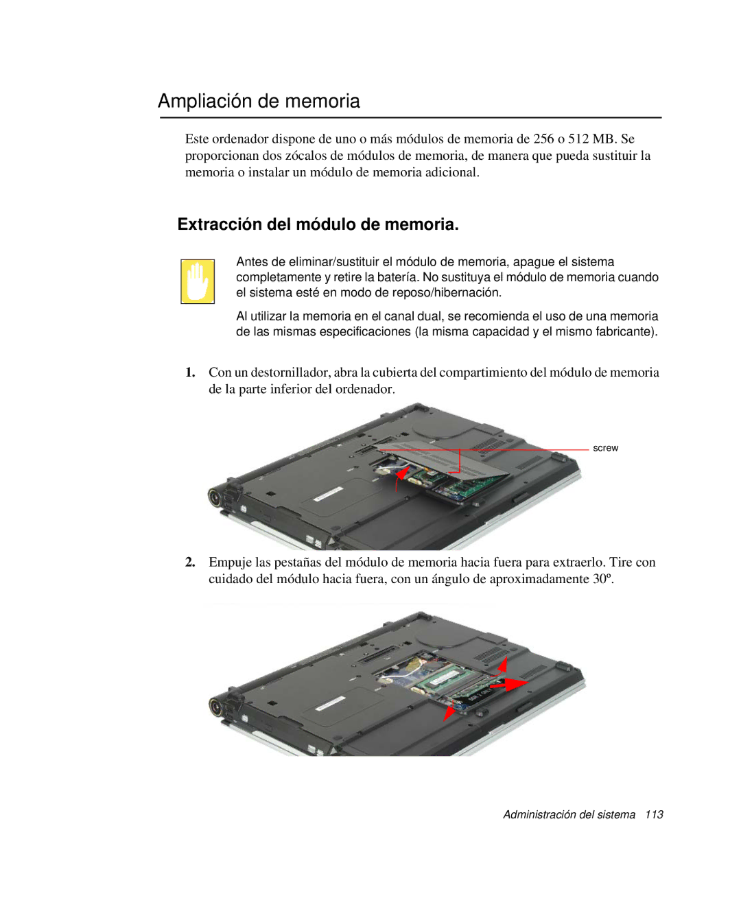 Samsung NP-X11T002/SES, NP-X11T000/SES, NP-X11CVCN/SES manual Ampliación de memoria, Extracción del módulo de memoria 