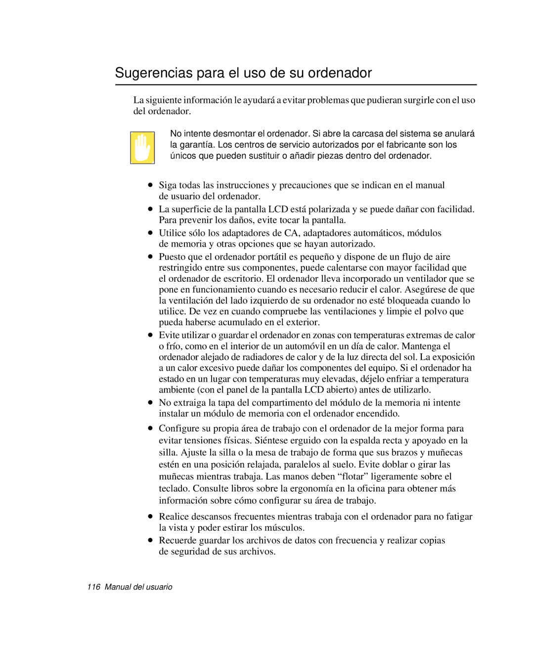 Samsung NP-X11CV01/SEP, NP-X11T002/SES, NP-X11T000/SES, NP-X11CVCN/SES manual Sugerencias para el uso de su ordenador 