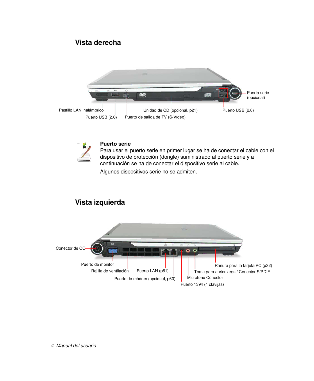 Samsung NP-X11T000/SES, NP-X11T002/SES, NP-X11CVCN/SES, NP-X11CV01/SEP manual Vista derecha, Vista izquierda, Puerto serie 