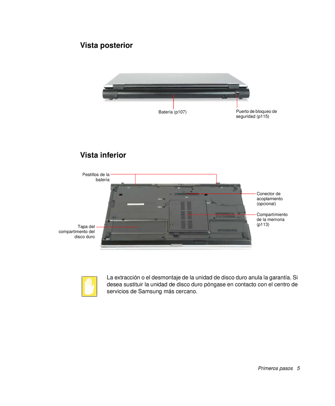 Samsung NP-X11CVCN/SES, NP-X11T002/SES, NP-X11T000/SES, NP-X11CV01/SEP, NP-X11CV02/SES manual Vista posterior, Vista inferior 