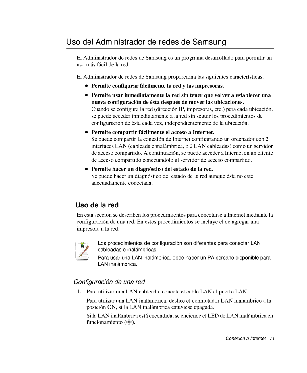 Samsung NP-X11CVCN/SES, NP-X11T002/SES Uso del Administrador de redes de Samsung, Uso de la red, Configuración de una red 