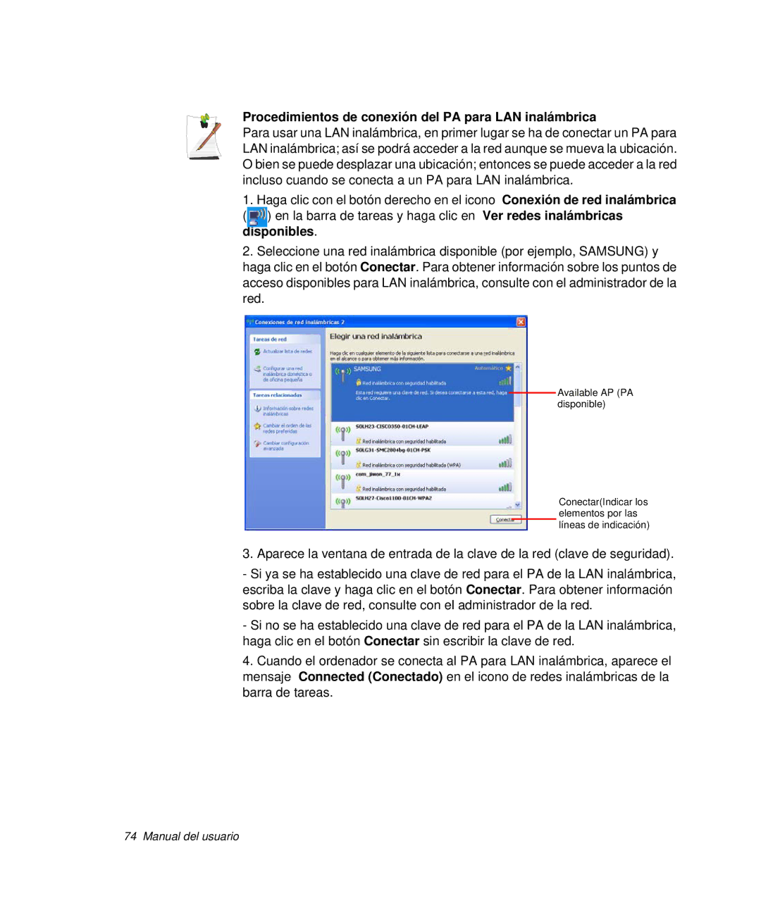 Samsung NP-X11TV02/SES, NP-X11T002/SES, NP-X11T000/SES manual Procedimientos de conexión del PA para LAN inalámbrica 