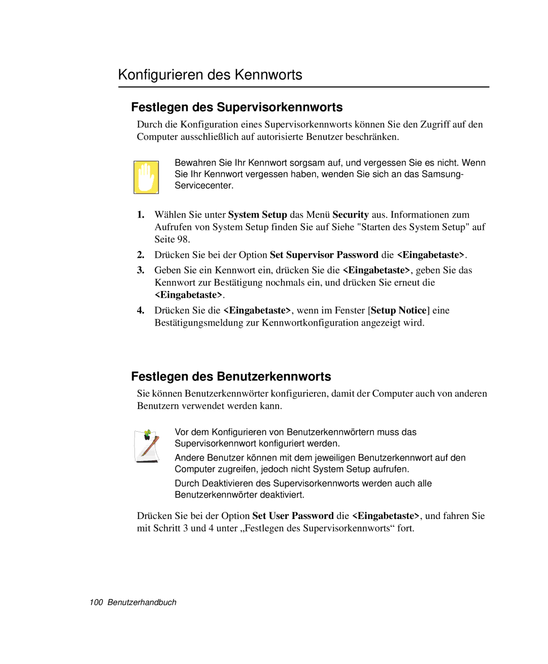 Samsung NP-X11TV01/SEG Konfigurieren des Kennworts, Festlegen des Supervisorkennworts, Festlegen des Benutzerkennworts 