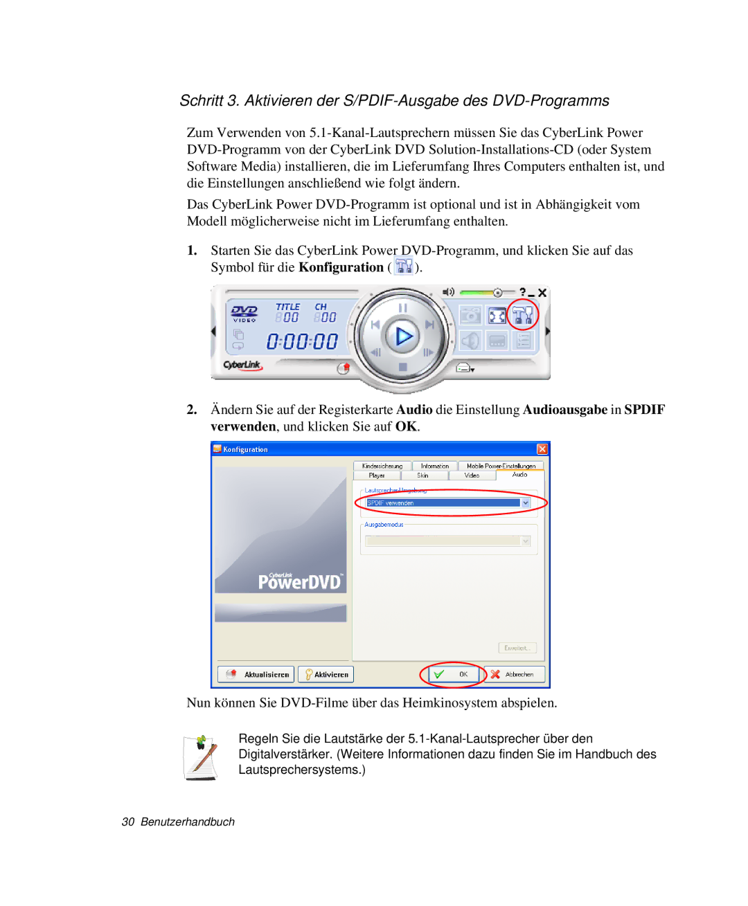 Samsung NP-X11T000/SEG, NP-X11TV01/SEG, NP-X11KV00/SEG manual Schritt 3. Aktivieren der S/PDIF-Ausgabe des DVD-Programms 