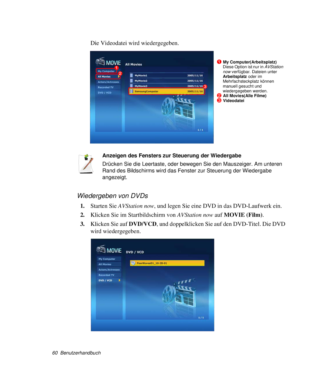 Samsung NP-X11T000/SEG manual Die Videodatei wird wiedergegeben, Anzeigen des Fensters zur Steuerung der Wiedergabe 