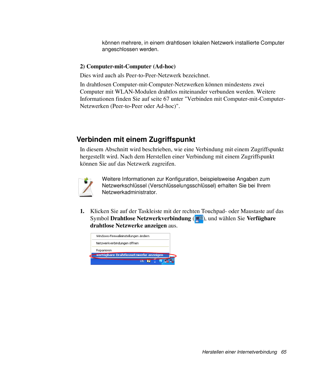 Samsung NP-X11CV01/SEG, NP-X11TV01/SEG, NP-X11KV00/SEG manual Verbinden mit einem Zugriffspunkt, Computer-mit-Computer Ad-hoc 