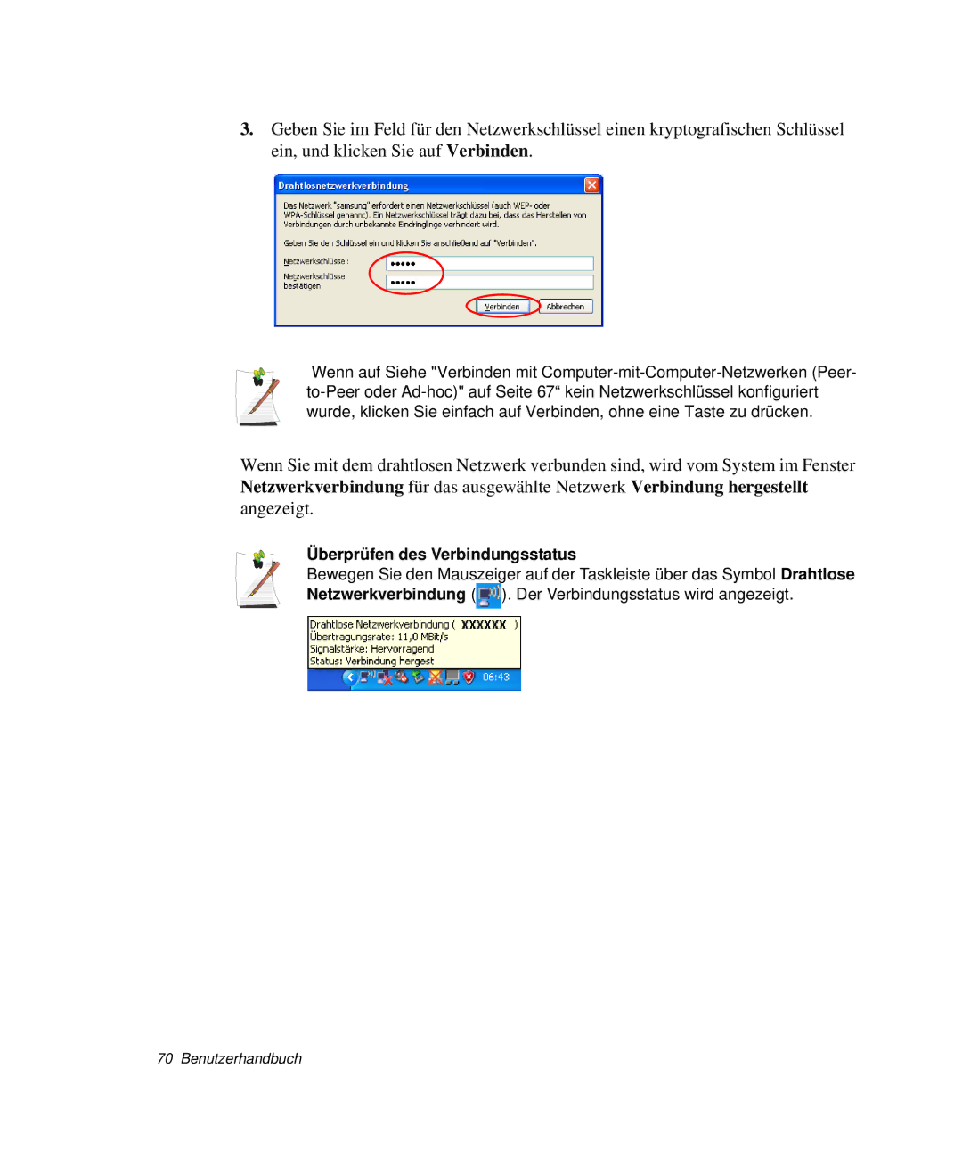 Samsung NP-X11TV01/SEG, NP-X11KV00/SEG, NP-X11CV03/SEG, NP-X11TV03/SEG, NP-X11K000/SEG manual Überprüfen des Verbindungsstatus 