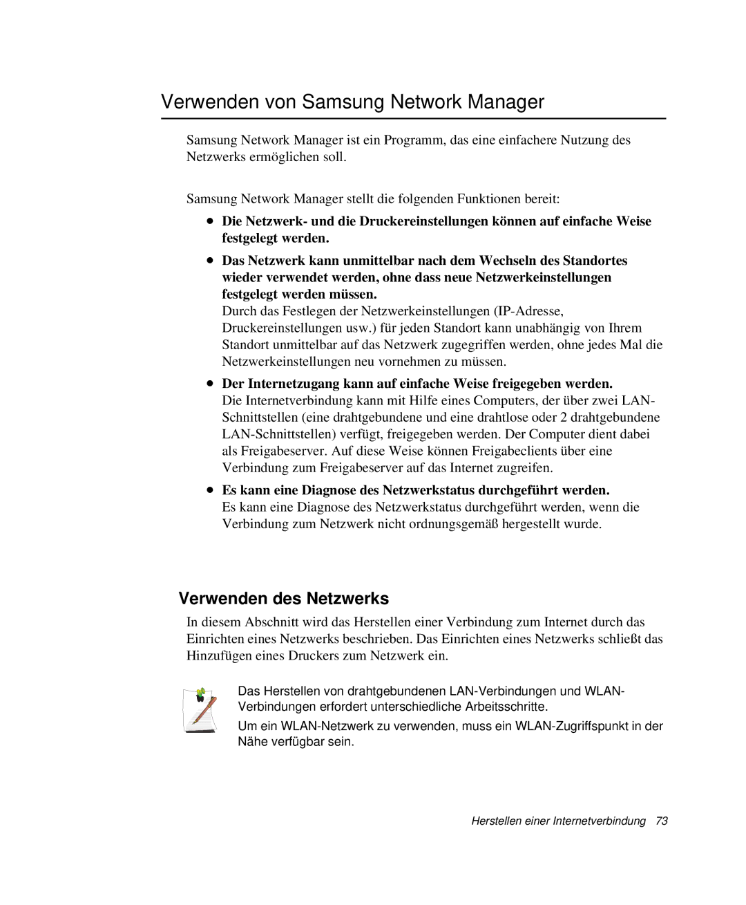 Samsung NP-X11TV03/SEG, NP-X11TV01/SEG, NP-X11KV00/SEG manual Verwenden von Samsung Network Manager, Verwenden des Netzwerks 