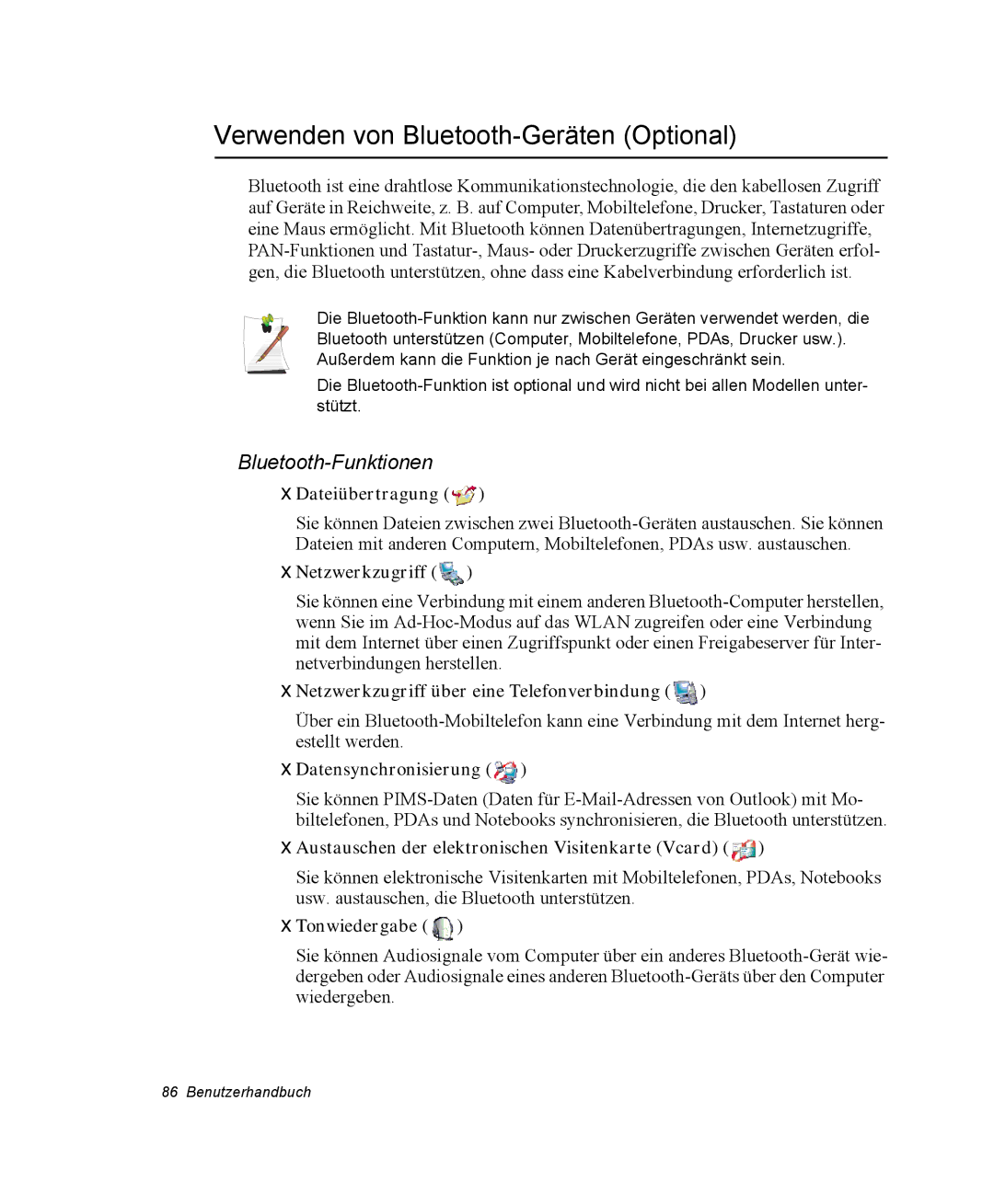 Samsung NP-X11KV00/SEG, NP-X11TV01/SEG, NP-X11CV03/SEG manual Verwenden von Bluetooth-Geräten Optional, Bluetooth-Funktionen 