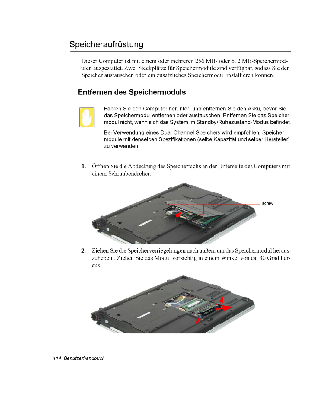 Samsung NP-X11C000/SEG, NP-X11TV01/SEG, NP-X11KV00/SEG, NP-X11CV03/SEG manual Speicheraufrüstung, Entfernen des Speichermoduls 