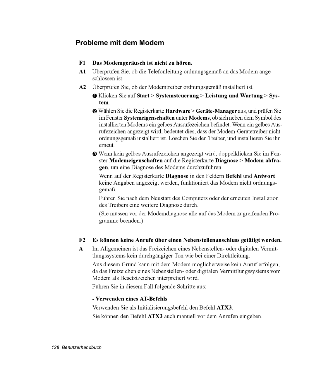 Samsung NP-X11CV04/SEG manual Probleme mit dem Modem, F1 Das Modemgeräusch ist nicht zu hören, Verwenden eines AT-Befehls 