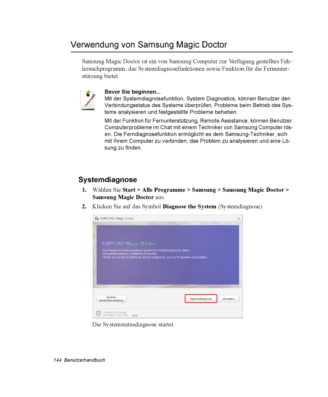 Samsung NP-X11C000/SEG, NP-X11TV01/SEG manual Verwendung von Samsung Magic Doctor, Systemdiagnose, Bevor Sie beginnen 