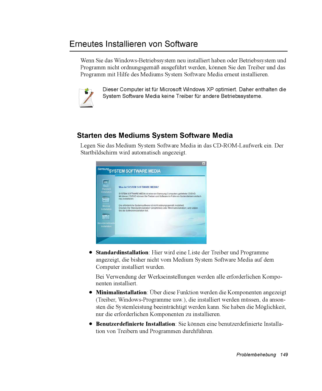 Samsung NP-X11K000/SEG, NP-X11TV01/SEG manual Erneutes Installieren von Software, Starten des Mediums System Software Media 