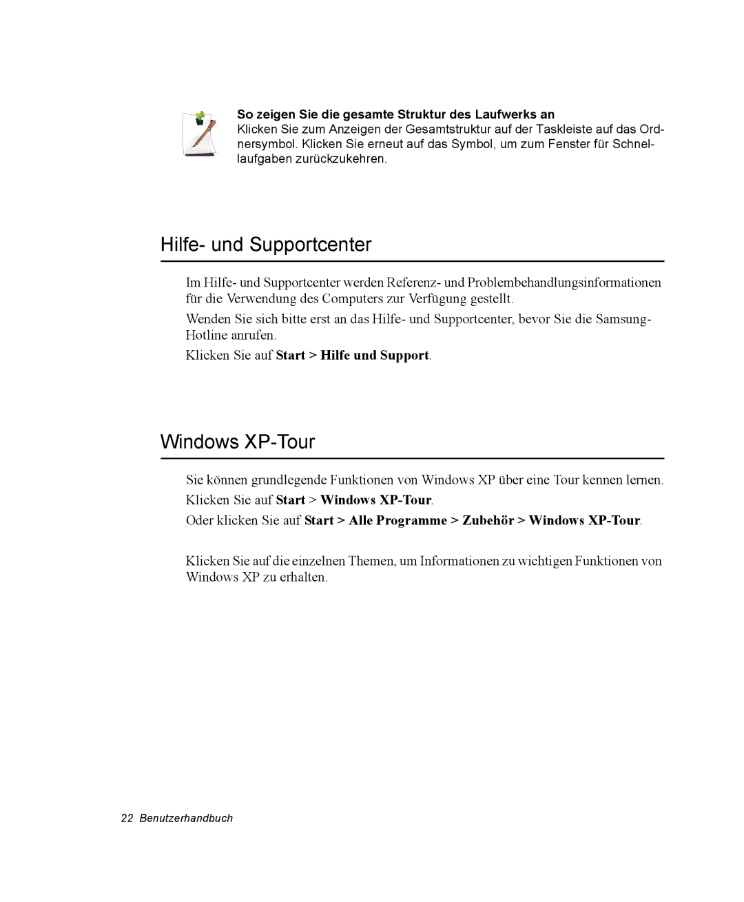 Samsung NP-X11CV05/SEG, NP-X11TV01/SEG Hilfe- und Supportcenter, Windows XP-Tour, Klicken Sie auf Start Hilfe und Support 