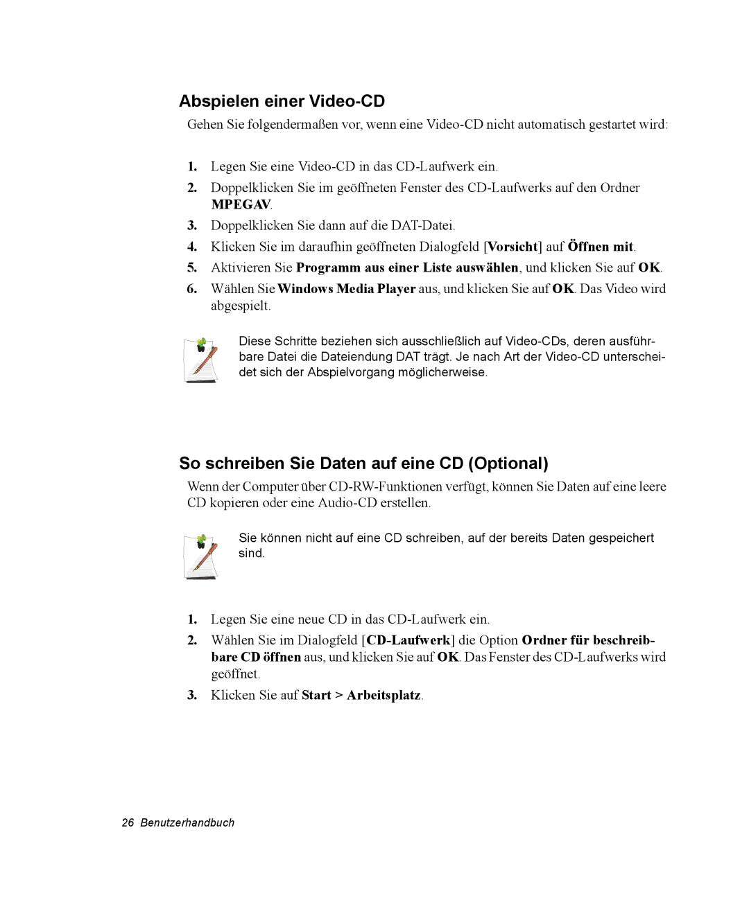 Samsung NP-X11KV00/SEG, NP-X11TV01/SEG manual Abspielen einer Video-CD, So schreiben Sie Daten auf eine CD Optional 