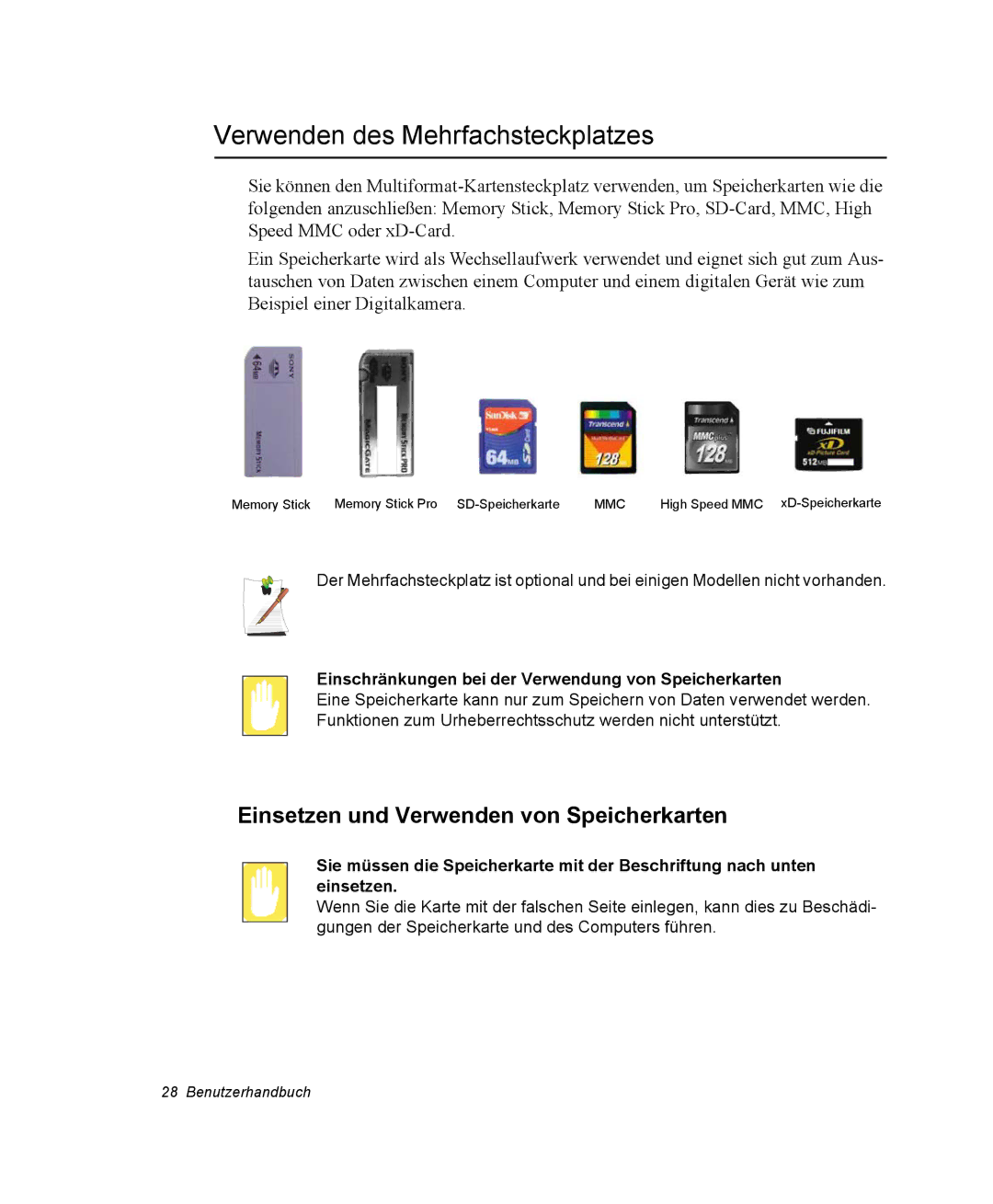 Samsung NP-X11TV03/SEG, NP-X11TV01/SEG manual Verwenden des Mehrfachsteckplatzes, Einsetzen und Verwenden von Speicherkarten 