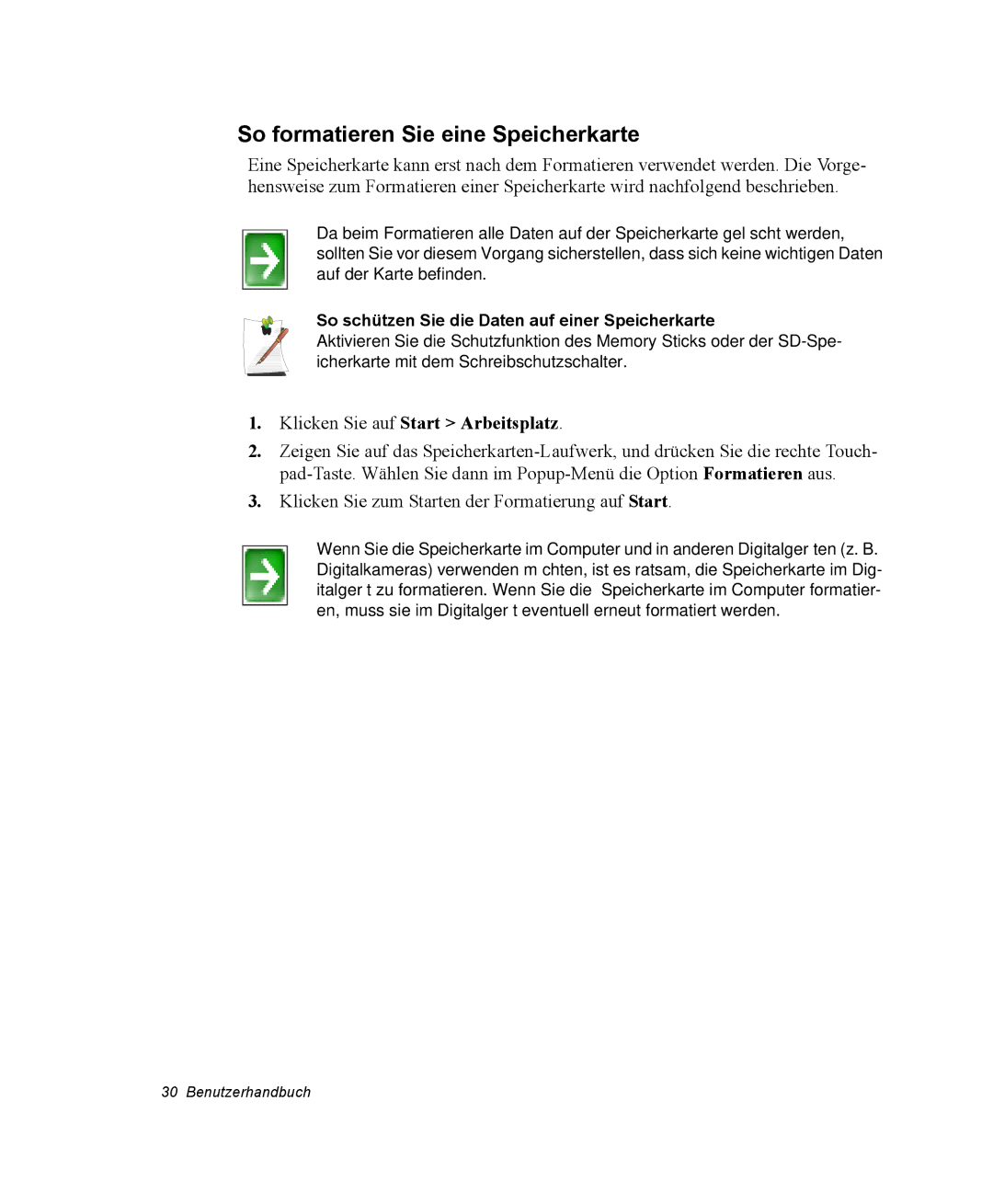 Samsung NP-X11T000/SEG manual So formatieren Sie eine Speicherkarte, So schützen Sie die Daten auf einer Speicherkarte 