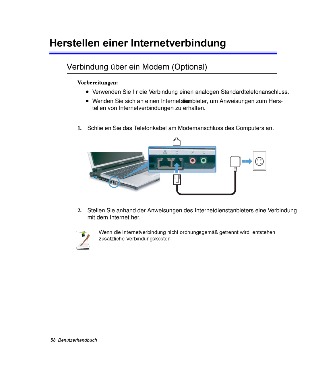 Samsung NP-X11TV03/SEG manual Herstellen einer Internetverbindung, Verbindung über ein Modem Optional, Vorbereitungen 