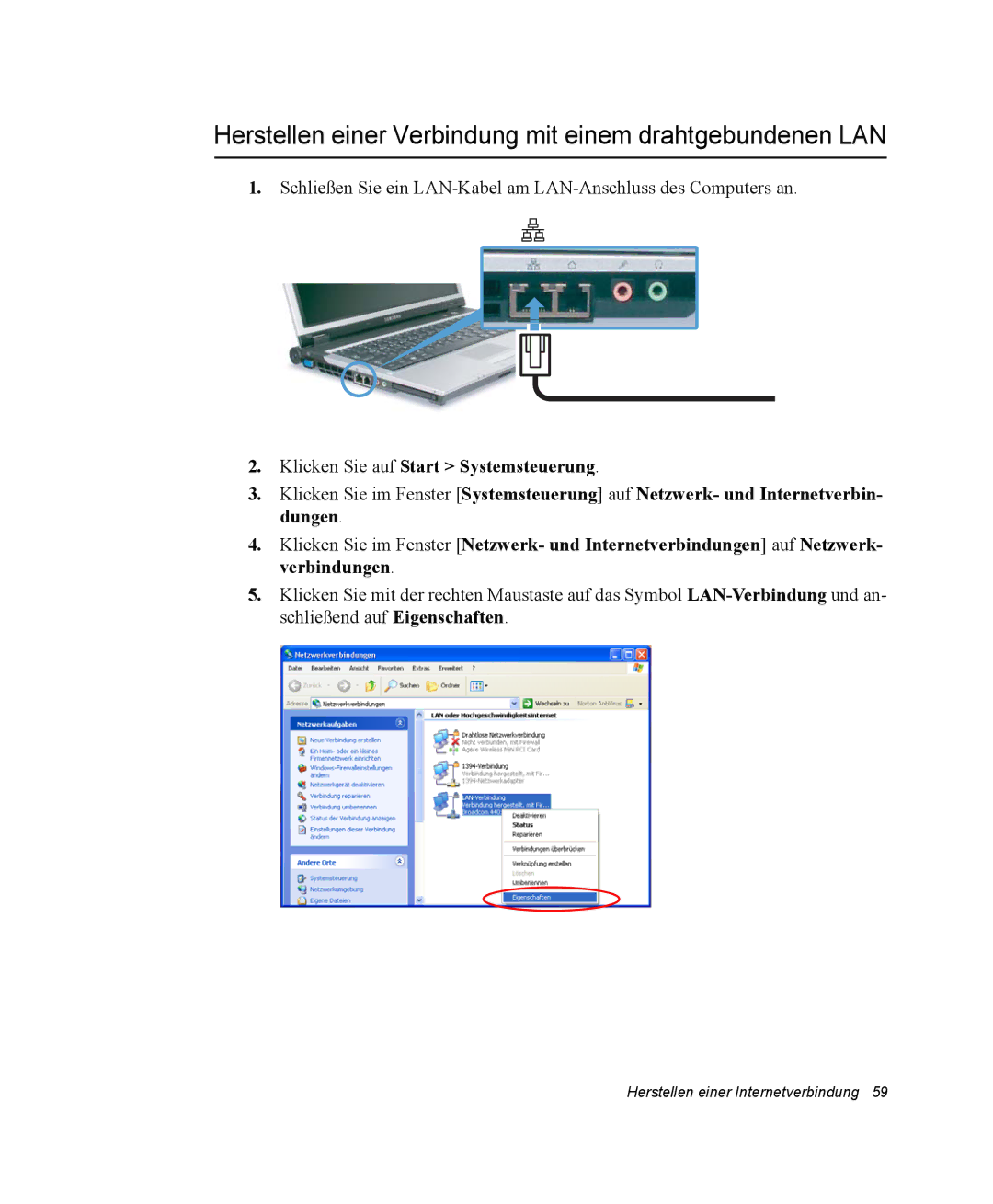 Samsung NP-X11K000/SEG, NP-X11TV01/SEG, NP-X11KV00/SEG manual Herstellen einer Verbindung mit einem drahtgebundenen LAN 