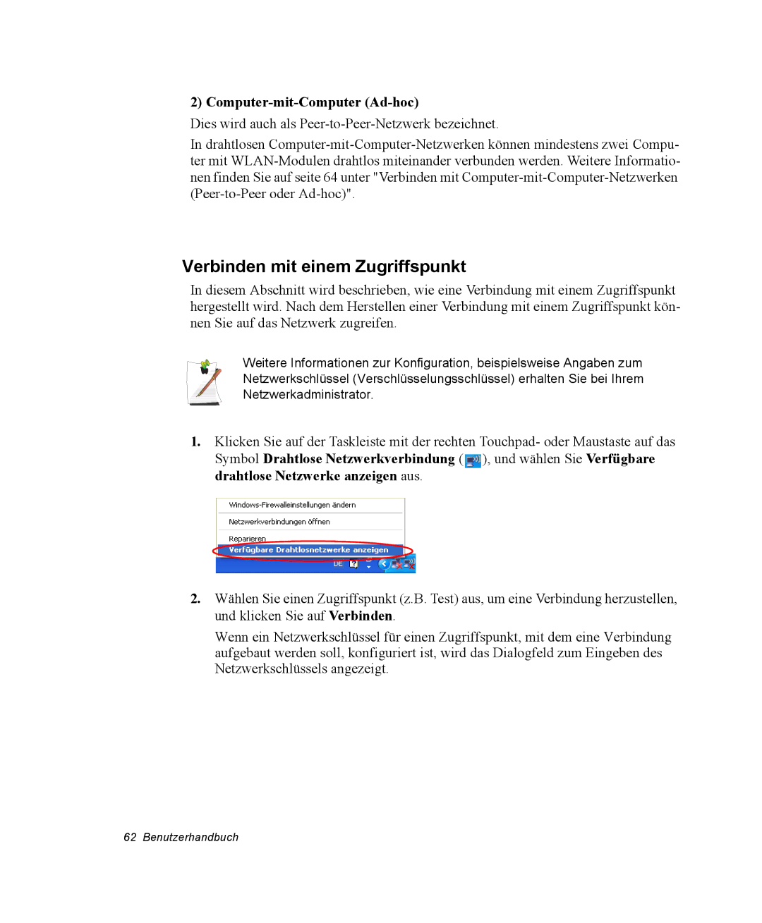 Samsung NP-X11TV04/SEG, NP-X11TV01/SEG, NP-X11KV00/SEG manual Verbinden mit einem Zugriffspunkt, Computer-mit-Computer Ad-hoc 