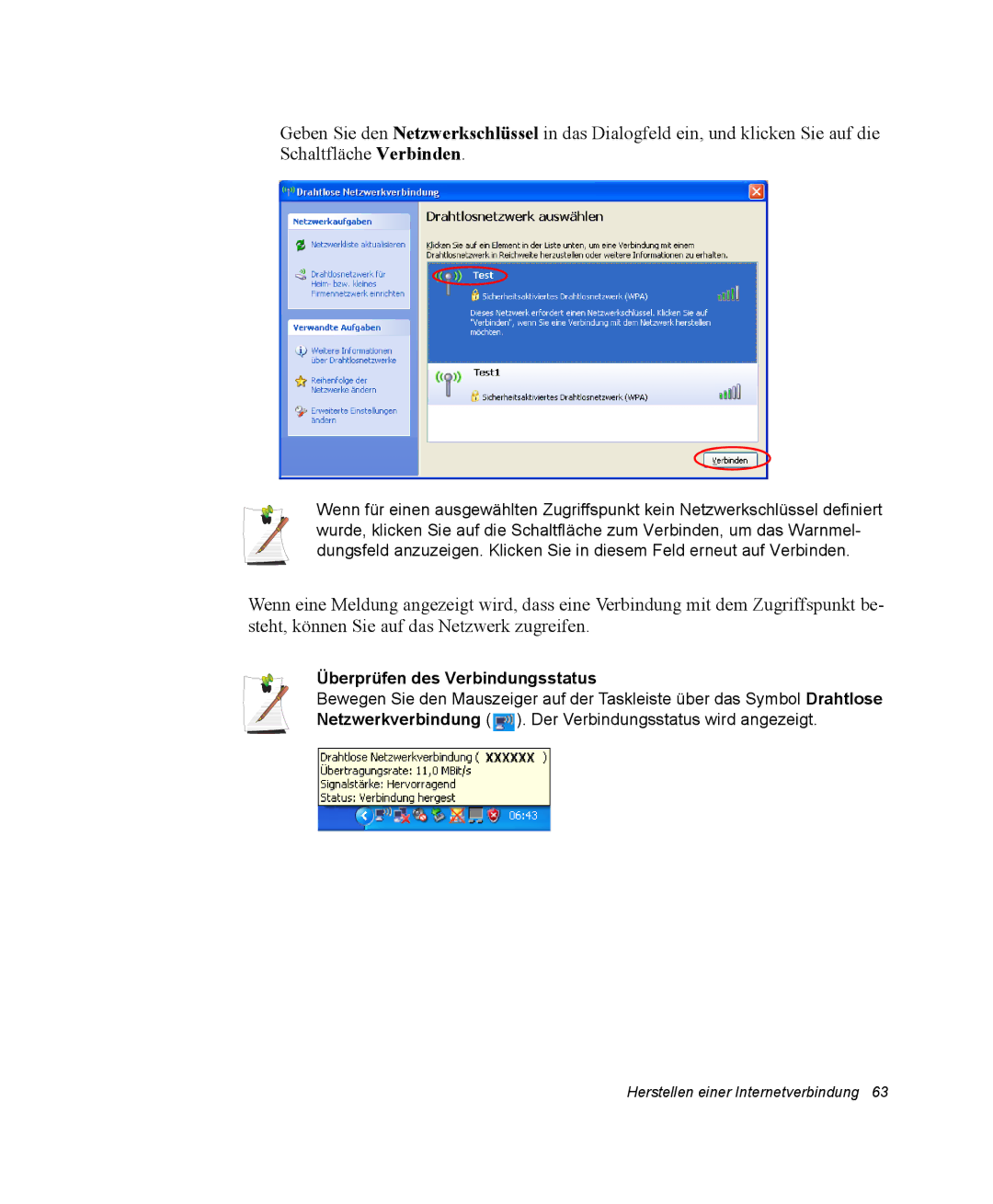 Samsung NP-X11TV02/SEG, NP-X11TV01/SEG, NP-X11KV00/SEG, NP-X11CV03/SEG, NP-X11TV03/SEG manual Überprüfen des Verbindungsstatus 