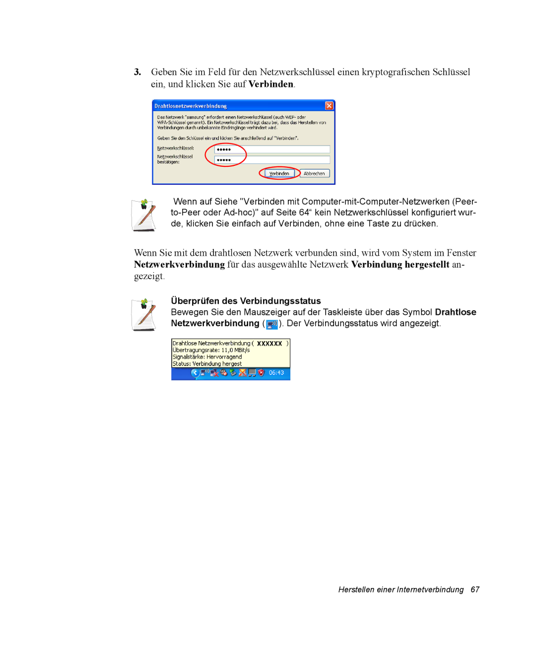 Samsung NP-X11CV05/SEG, NP-X11TV01/SEG, NP-X11KV00/SEG, NP-X11CV03/SEG, NP-X11TV03/SEG manual Überprüfen des Verbindungsstatus 