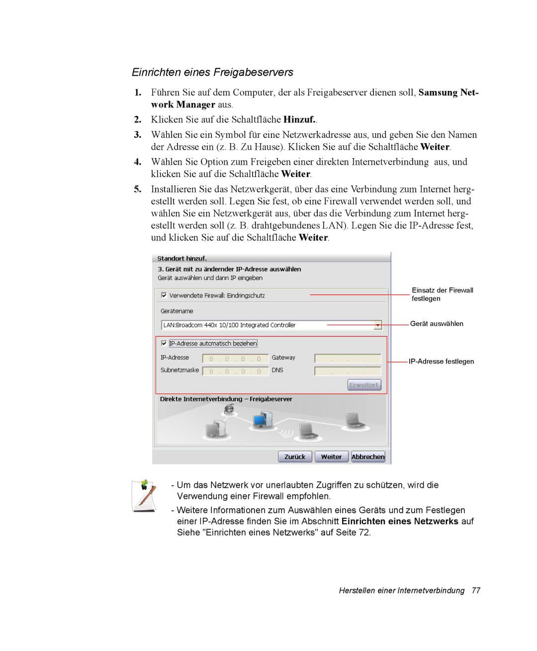 Samsung NP-X11TV04/SEG, NP-X11TV01/SEG, NP-X11KV00/SEG, NP-X11CV03/SEG, NP-X11TV03/SEG manual Einrichten eines Freigabeservers 