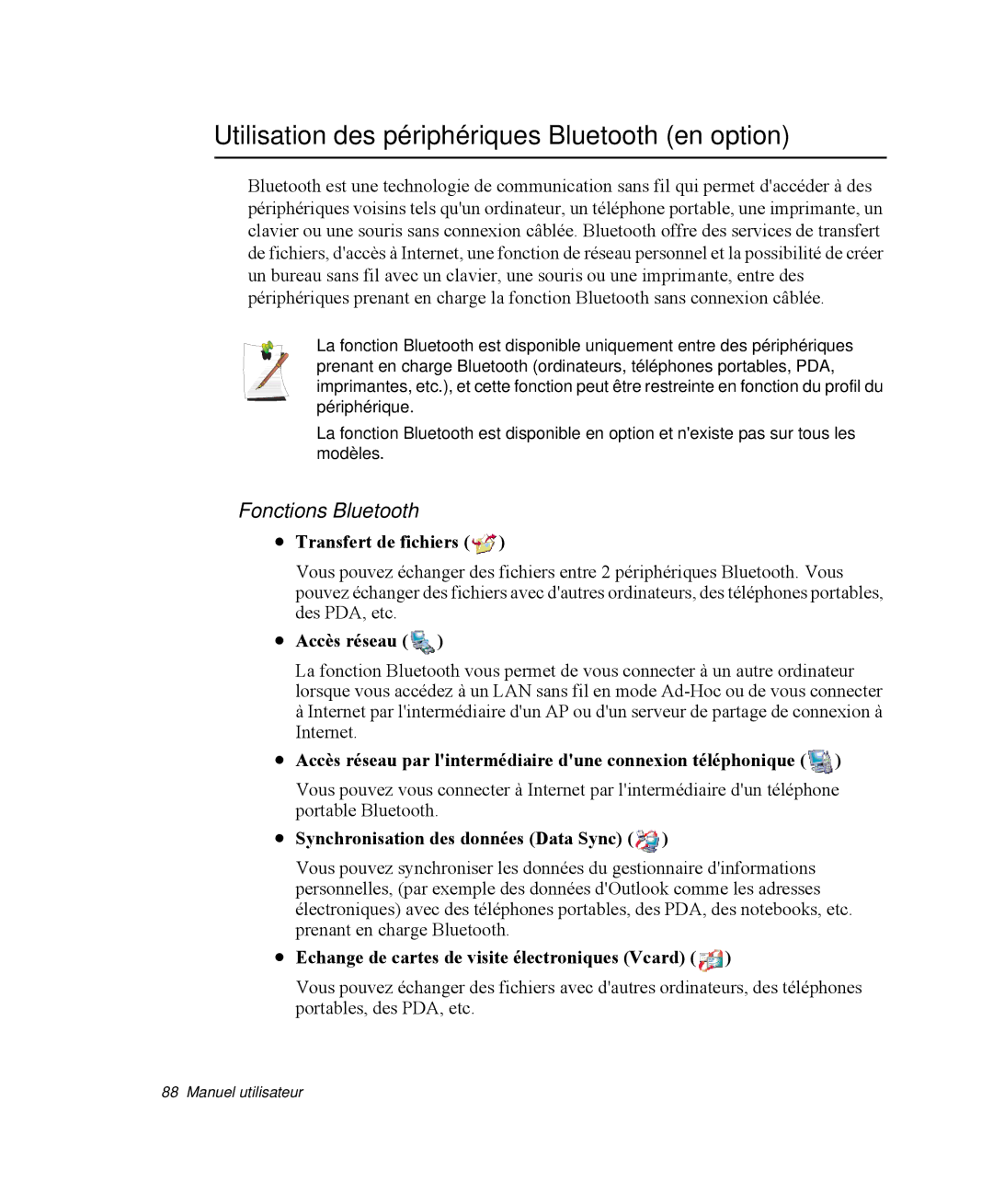 Samsung NP-X11TV01/SEF manual Utilisation des périphériques Bluetooth en option, Fonctions Bluetooth, Transfert de fichiers 