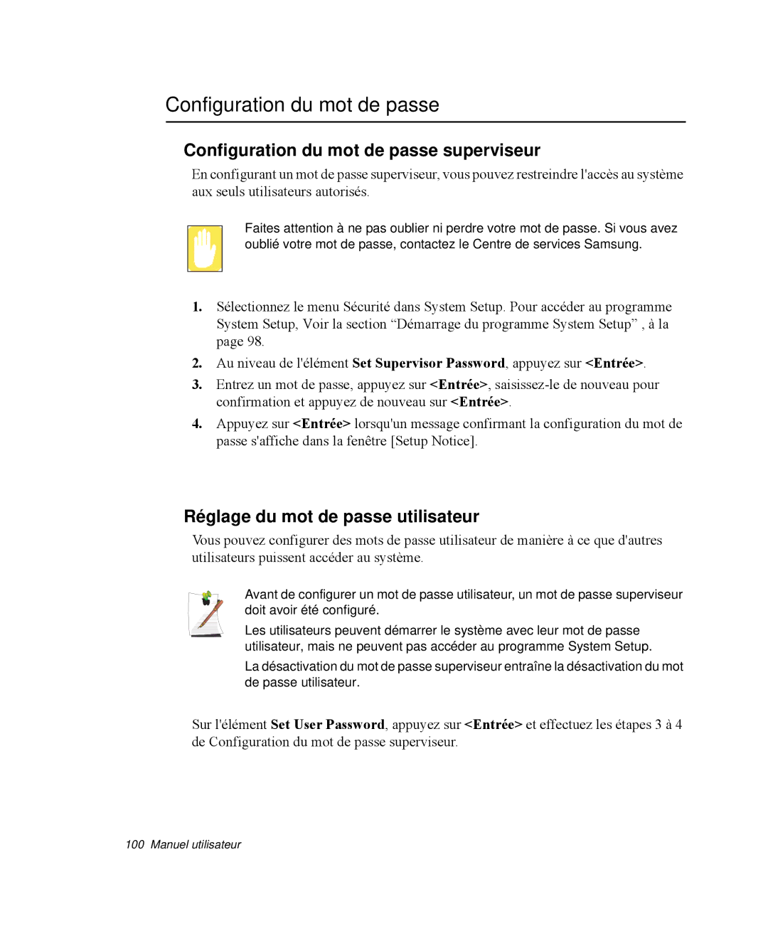 Samsung NP-X11CV02/SEF, NP-X11TV05/SEF Configuration du mot de passe superviseur, Réglage du mot de passe utilisateur 