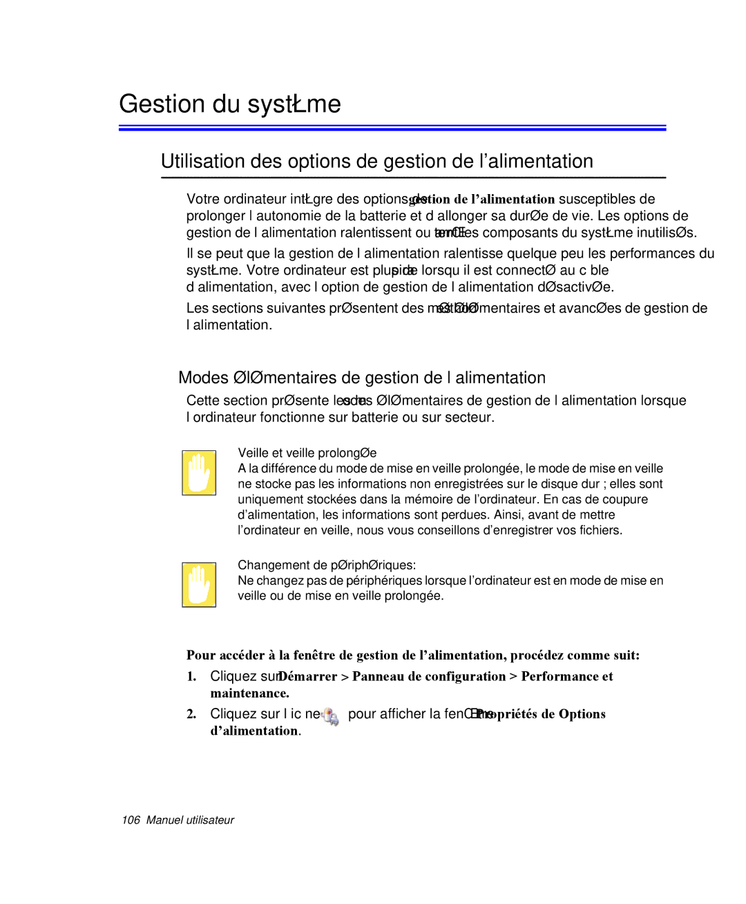 Samsung NP-X11TV05/SEF, NP-X11TV06/SEF manual Gestion du système, Utilisation des options de gestion de l’alimentation 