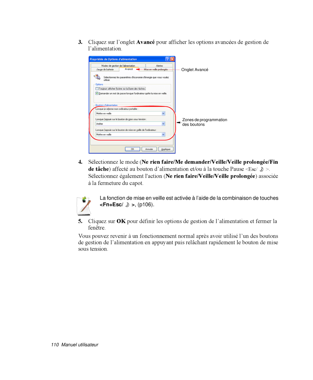 Samsung NP-X11K000/SEF, NP-X11TV05/SEF, NP-X11TV06/SEF, NP-X11TV04/SEF manual Onglet Avancé Zones de programmation Des boutons 