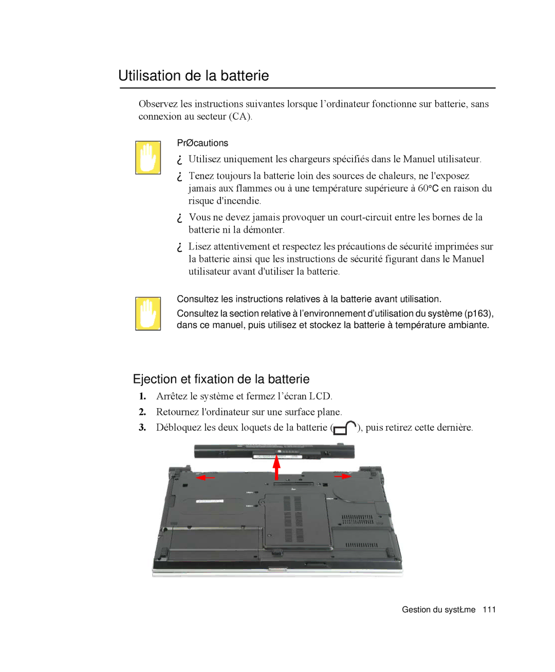 Samsung NP-X11CV01/SEF, NP-X11TV05/SEF manual Utilisation de la batterie, Ejection et fixation de la batterie, Précautions 