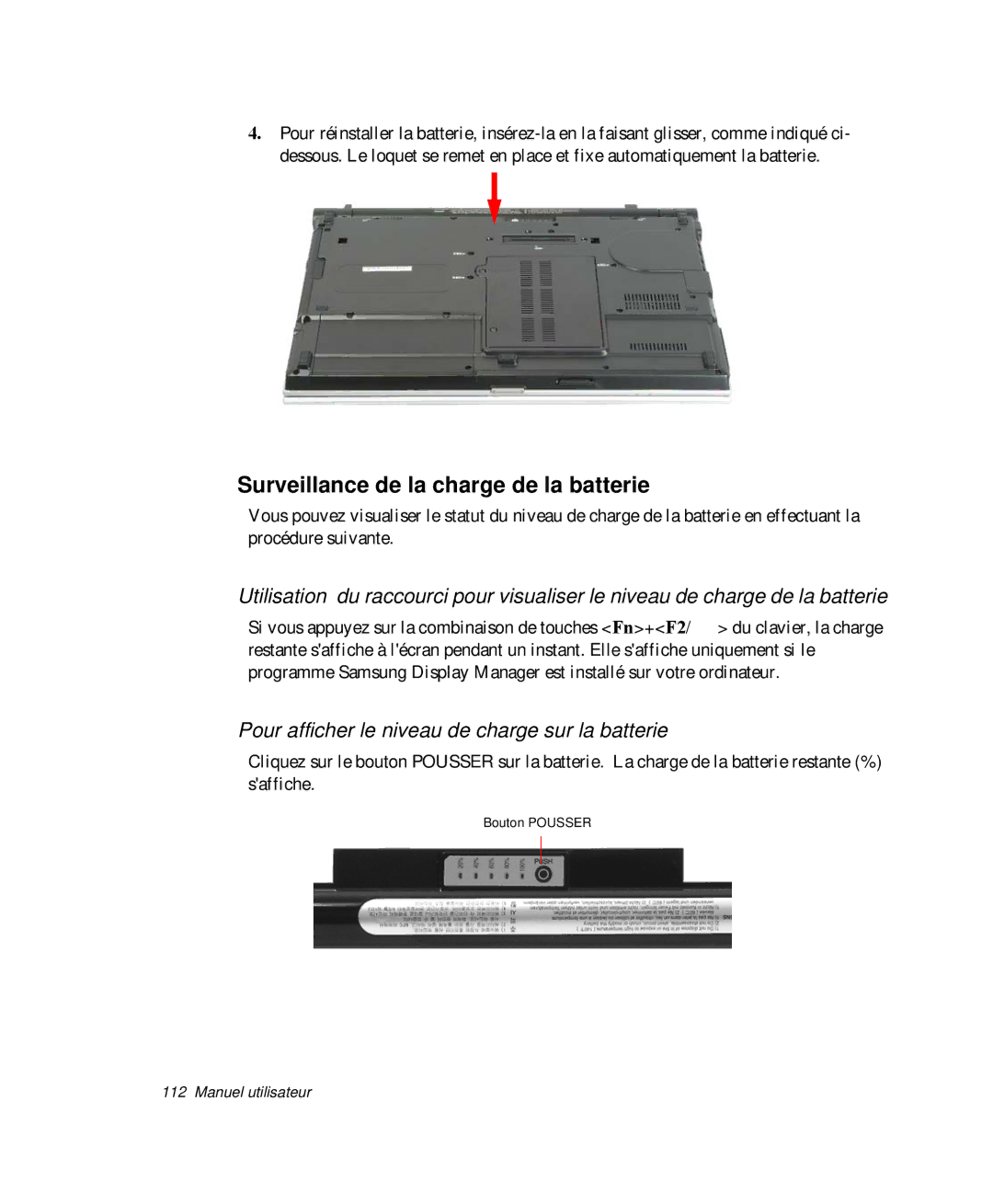 Samsung NP-X11T001/SEF manual Surveillance de la charge de la batterie, Pour afficher le niveau de charge sur la batterie 