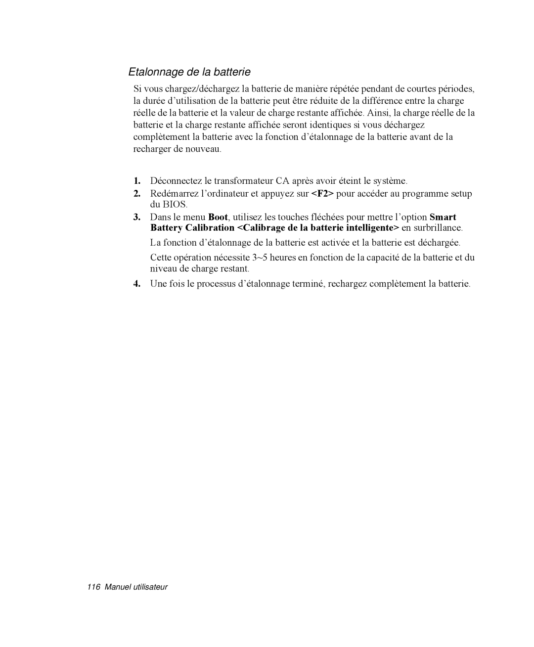 Samsung NP-X11TV01/SEF, NP-X11TV05/SEF, NP-X11TV06/SEF, NP-X11TV04/SEF, NP-X11TV03/SEF manual Etalonnage de la batterie 