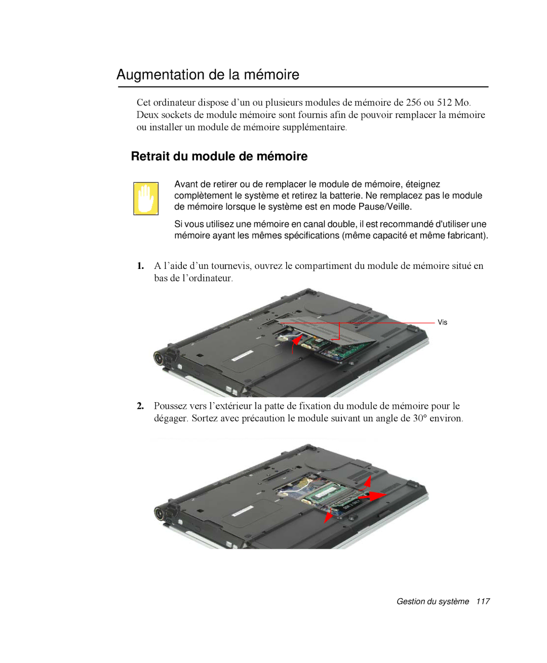 Samsung NP-X11T000/SEF, NP-X11TV05/SEF, NP-X11TV06/SEF manual Augmentation de la mémoire, Retrait du module de mémoire 