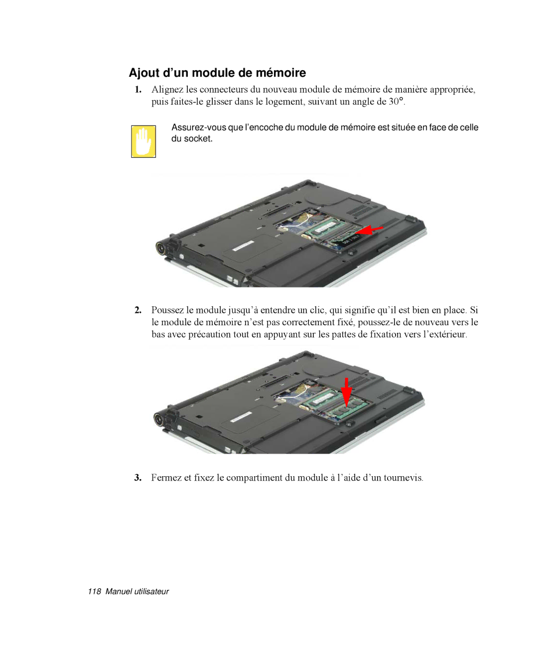 Samsung NP-X11KV00/SEF, NP-X11TV05/SEF, NP-X11TV06/SEF, NP-X11TV04/SEF, NP-X11TV03/SEF manual Ajout d’un module de mémoire 