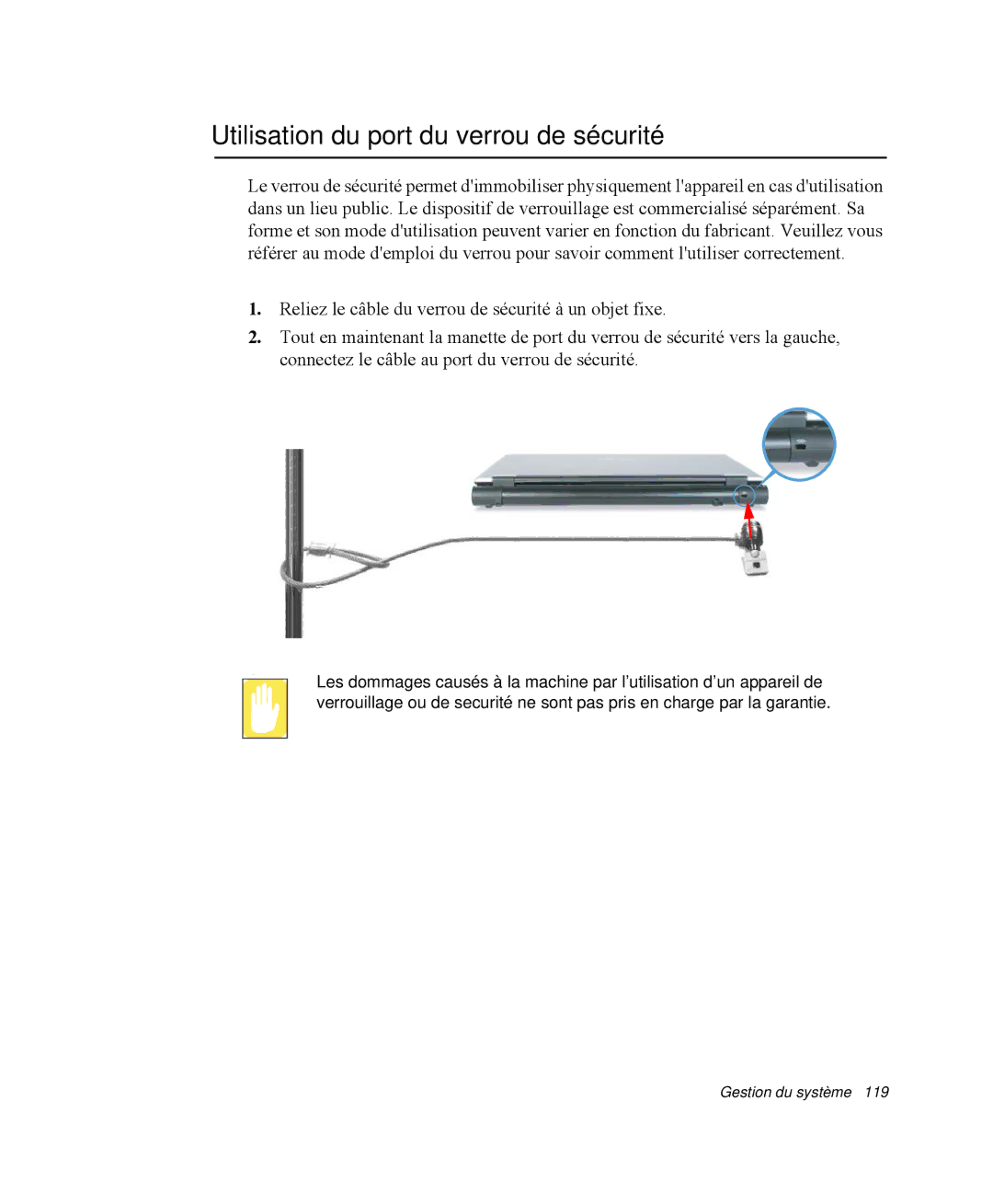 Samsung NP-X11CV03/SEF, NP-X11TV05/SEF, NP-X11TV06/SEF, NP-X11TV04/SEF manual Utilisation du port du verrou de sécurité 