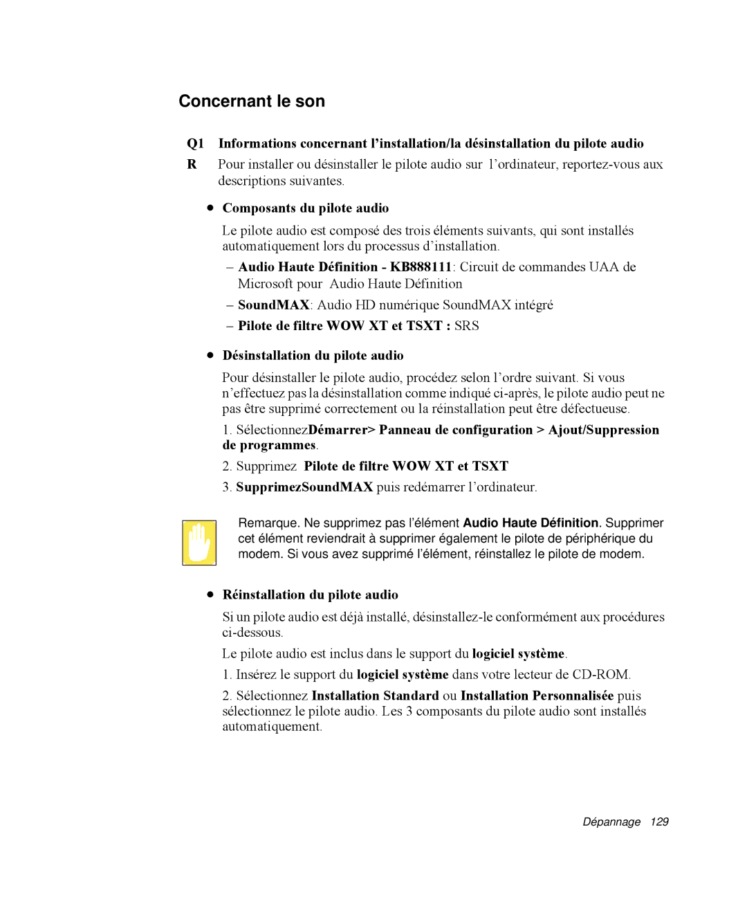 Samsung NP-X11TV02/SEF, NP-X11TV05/SEF manual Concernant le son, Composants du pilote audio, Réinstallation du pilote audio 