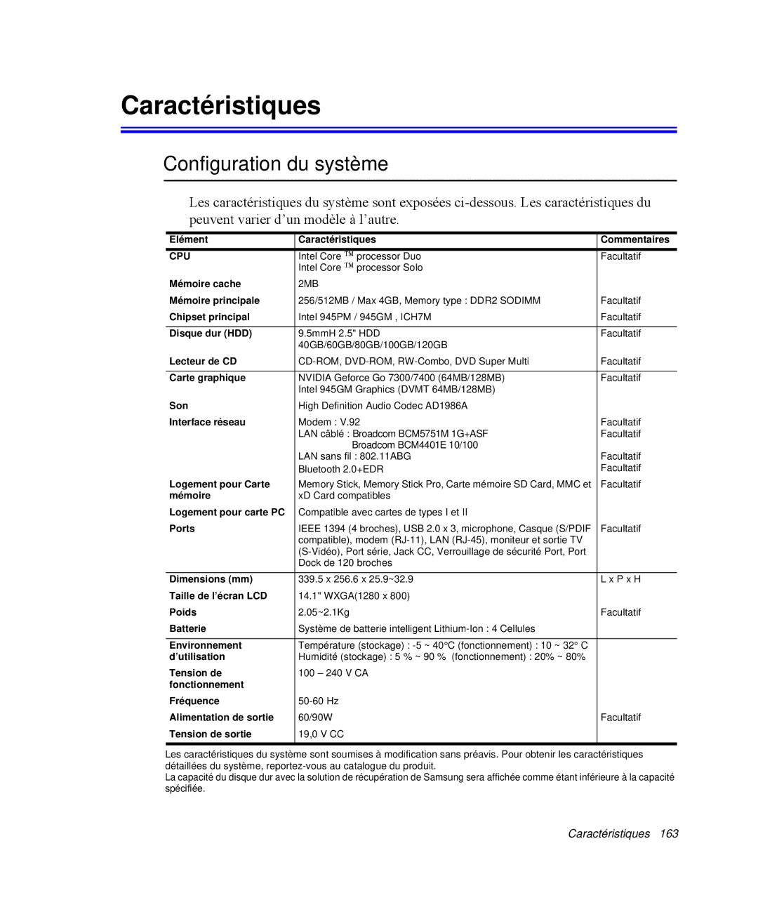 Samsung NP-X11TV06/SEF, NP-X11TV05/SEF, NP-X11TV04/SEF, NP-X11TV03/SEF manual Caractéristiques, Configuration du système 