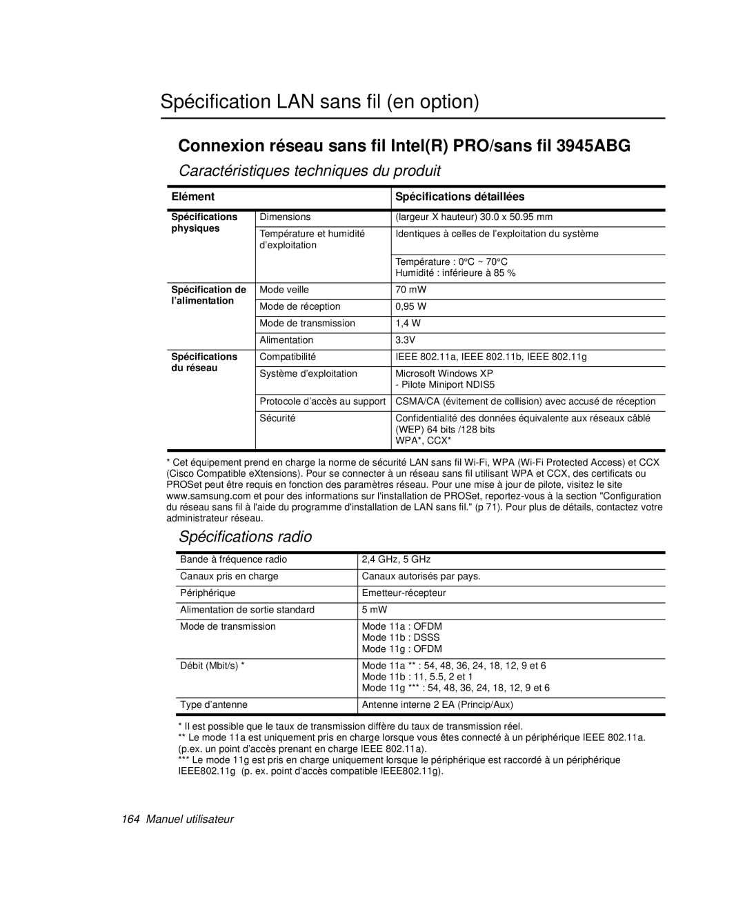 Samsung NP-X11TV04/SEF manual Spécification LAN sans fil en option, Connexion réseau sans fil IntelR PRO/sans fil 3945ABG 