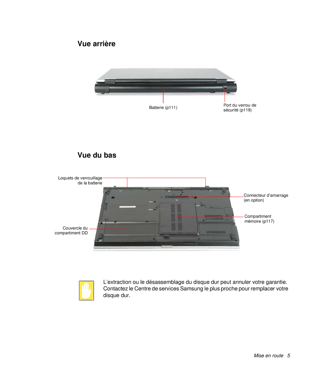 Samsung NP-X11T000/SEF, NP-X11TV05/SEF, NP-X11TV06/SEF, NP-X11TV04/SEF, NP-X11TV03/SEF, NP-X11K000/SEF Vue arrière, Vue du bas 