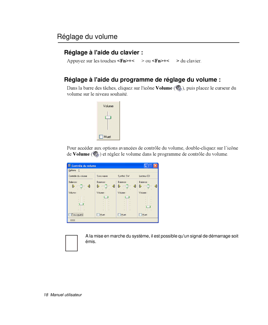 Samsung NP-X11TV01/SEF, NP-X11TV05/SEF, NP-X11TV06/SEF Réglage du volume, Réglage à laide du programme de réglage du volume 